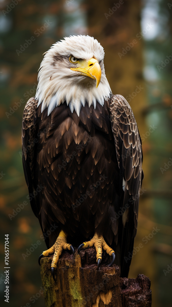 Obraz premium Bald eagle, Haliaeetus leucocephalus, isolated sitting on a wooden branch with nature background