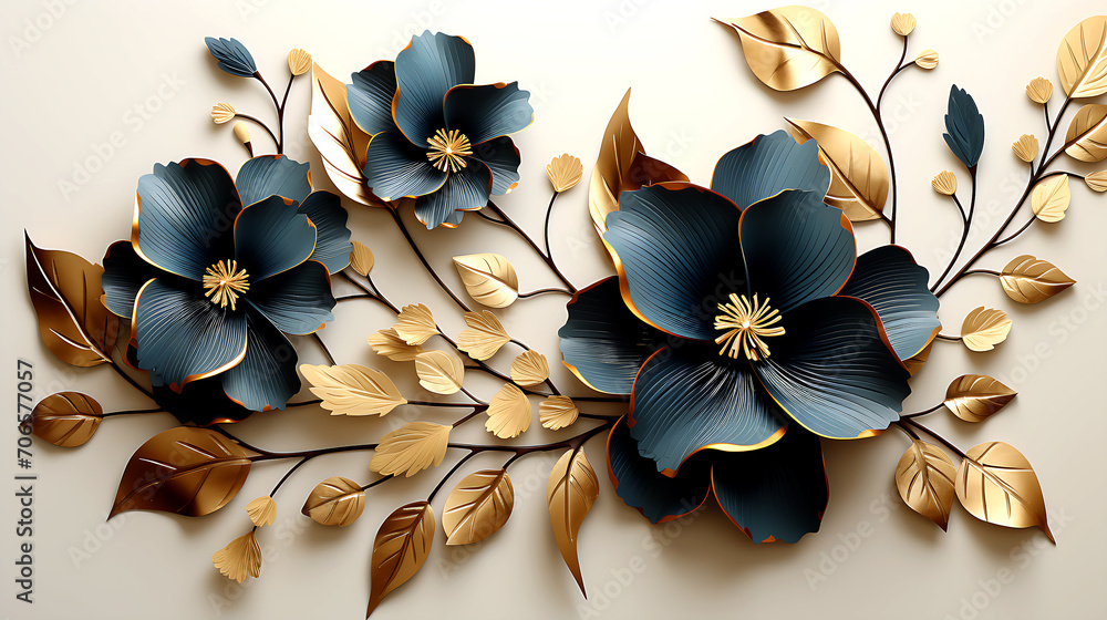 Elegant golden and blue flowers and branches on light background ...