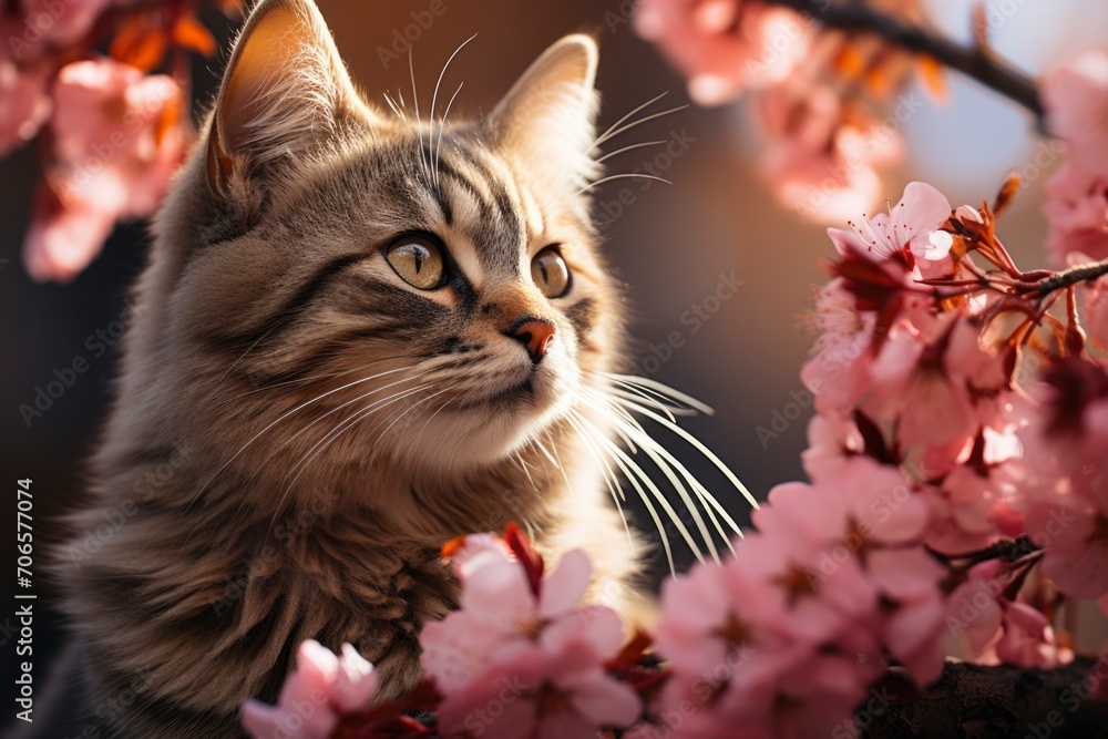  cute cat with  pink flower  . Cozy moments with pets. Close up, copy space. card for your design
