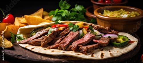 Popular Mexican street food - corn tortilla with homemade roast beef and fries, known as taco de bistec or carne asada.