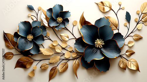 Fototapeta Naklejka Na Ścianę i Meble -  Elegant golden and blue flowers and branches on light background. Vintage floral decor for postcard. Fantastic plant 3d illustration