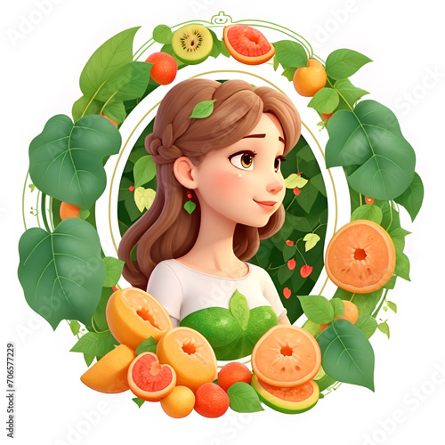 Illustration of beautiful woman in fruit frame