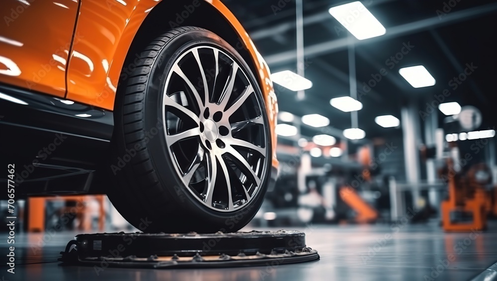 Sports car in a service center, focus on the wheel. The concept of maintenance Sports car in a service center, focus on the wheel. The concept of maintenance