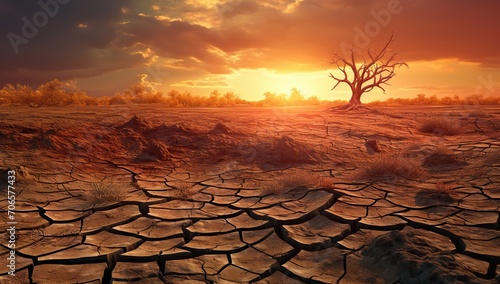 A parched landscape with cracked earth and a withering tree at sunset. The concept of drought and climate change.