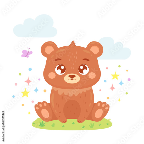 Cute little bear sitting on grass with butterfly, clouds, stars. Forest baby animal. Funny childish character for greeting card, poster, kid clothing, cover, invitation or print design. Vector