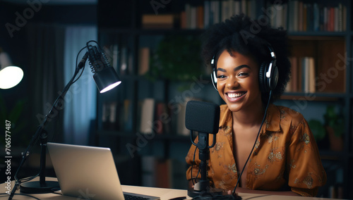 A woman with a microphone and headphones smiles while working on radio or a podcast. The concept of media and communication.