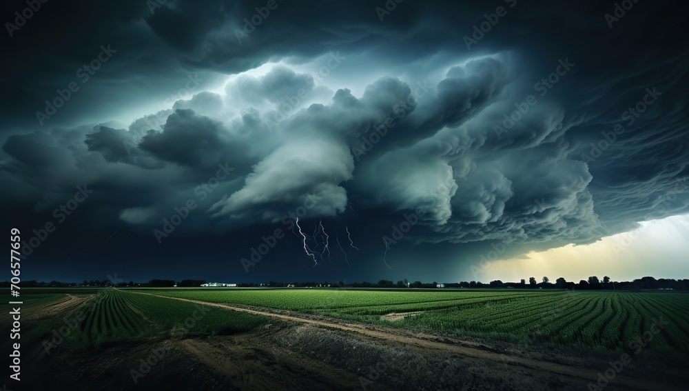 Storm clouds over countryside with lightning. The concept of the power of natural phenomena.