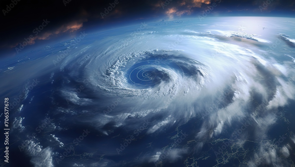 Hurricane from above, with clouds spiraling. The concept of the power and vast scale of natural disasters.