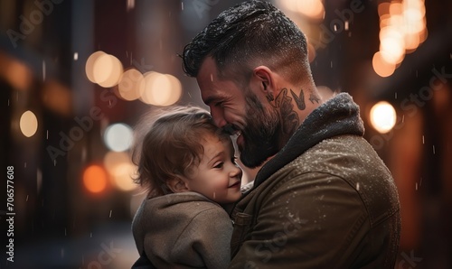 A father hugs a small child against a background of festive lights. The concept of family values and celebration.