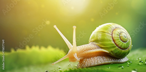 macrophotography of a green snail on a green leaf with horns in sunlight outdoors