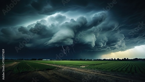 Storm clouds over countryside with lightning. The concept of the power of natural phenomena.