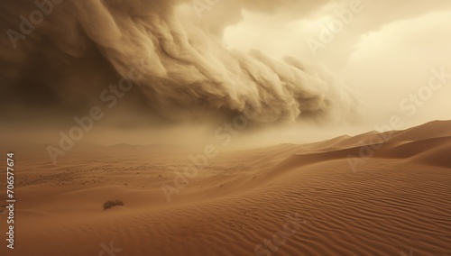 Sandstorm approaching the desert  creating a powerful wall of dust. The concept of force and inevitability of natural phenomena.