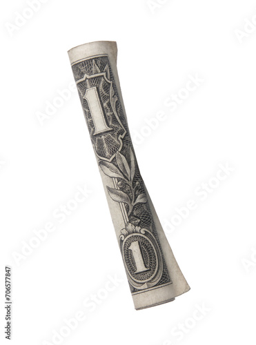 One dollar bill rolled up isolated on transparent layered background.