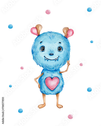 Funny blue monster; watercolor hand drawn illustration photo