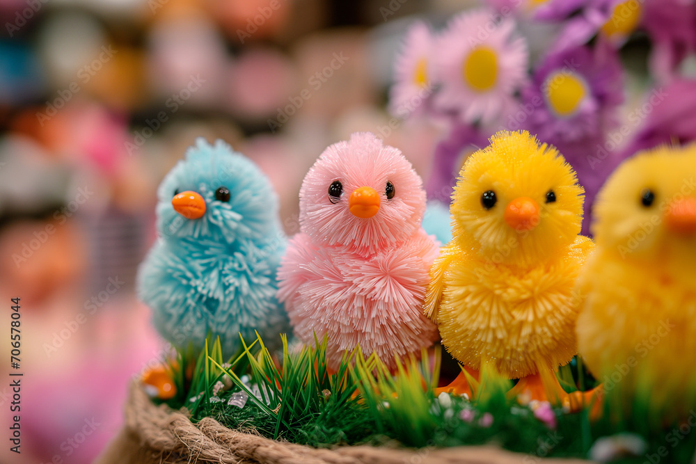Colorful Easter Chick Decorations Nestled Among Spring Flowers - Eastern Decor 
