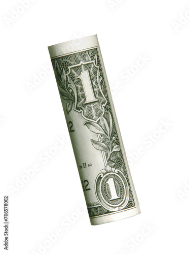 Rolled up one dollar bill isolated on transparent layered background.