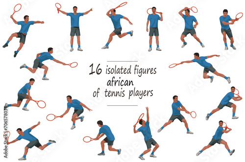 16 figures of black tennis players in blue sports equipment throwing  catching  hitting the ball  standing  jumping and running