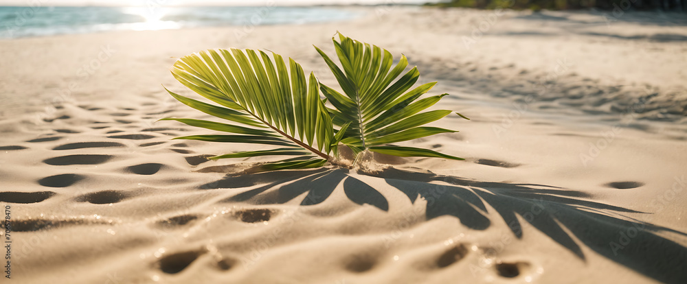Palm leaf on the sand beach at sunset. Vacation concept.