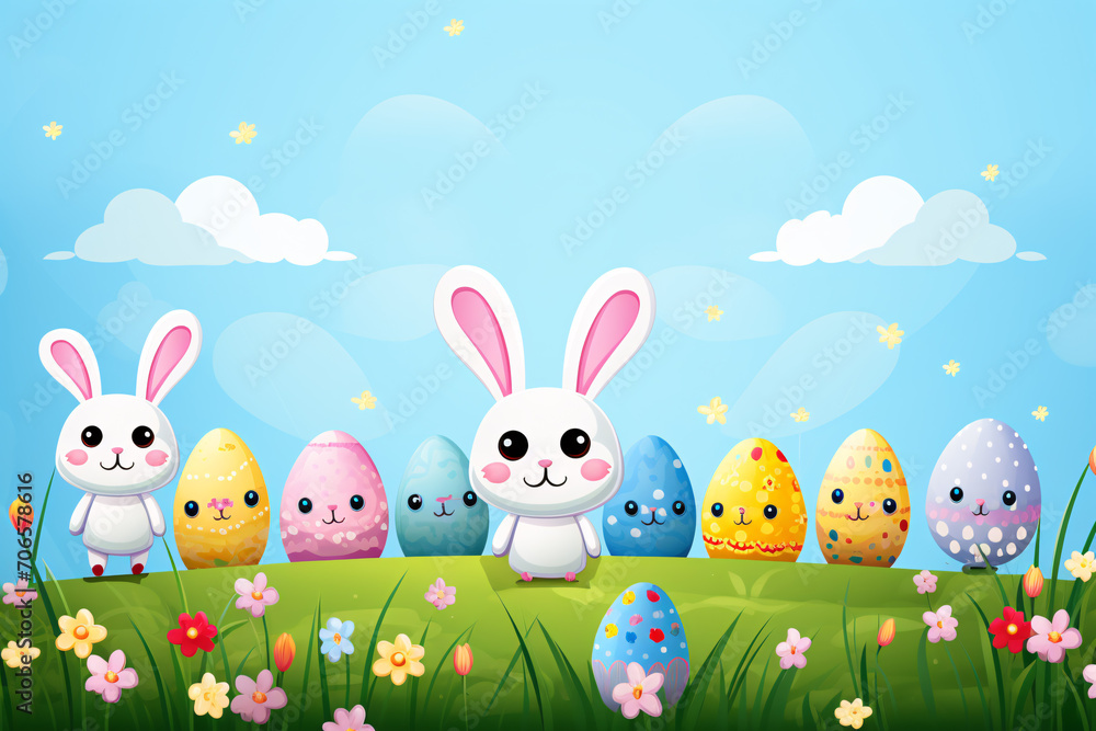 A group of Easter eggs and bunnies wait for the Easter moment to begin. Happy Easter. A group of Easter eggs and bunnies wait for the Easter moment to begin. Happy Easter.