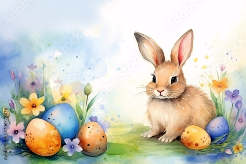 A cute bunny with Easter eggs is hiding among the flower bed. Happy Easter. Watercolor style.