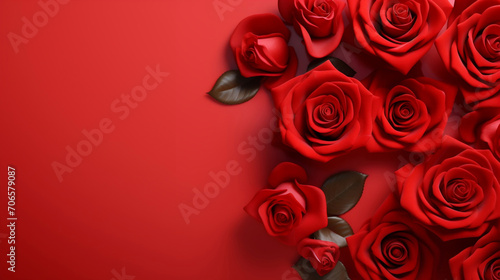 Red roses flower on red background. Copy space. Flower frame. Top view. High quality photo. Generative AI