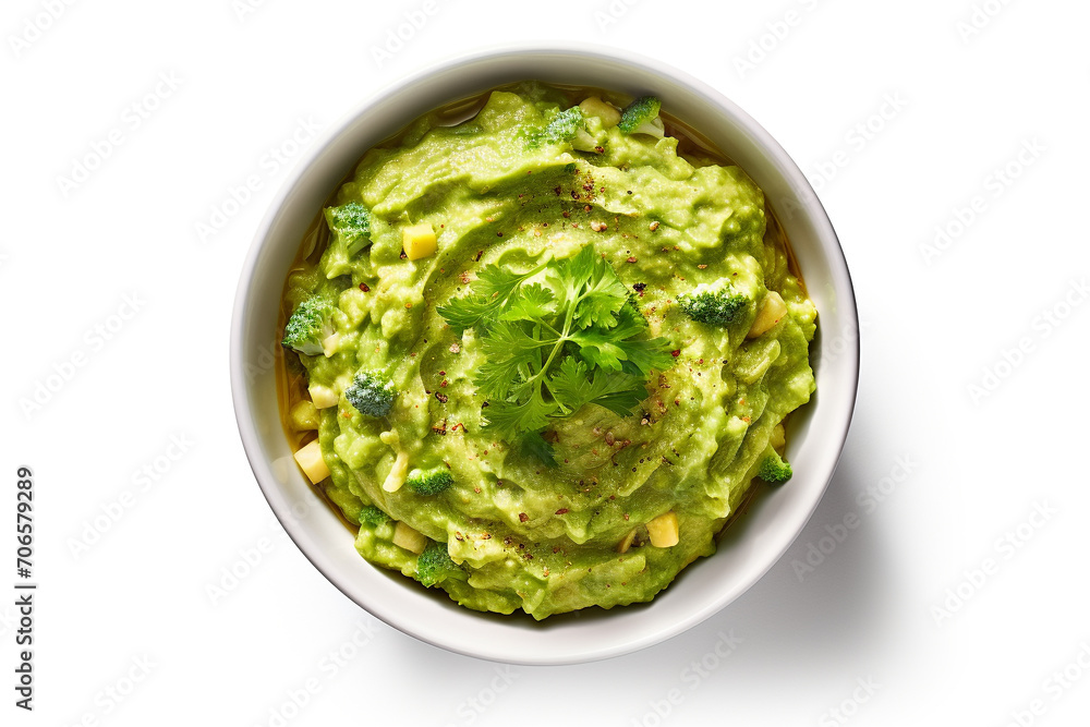 Guacamole in souce bowle on white background, top view Guacamole in souce bowle on white background, top view