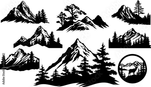 Set of mountains. Collection of stylized mountain landscapes. Black and white illustration of mountains. Linear art. Logo. AI generated illustration.