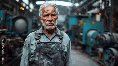 Portrait of a worker old man in a factory. photo