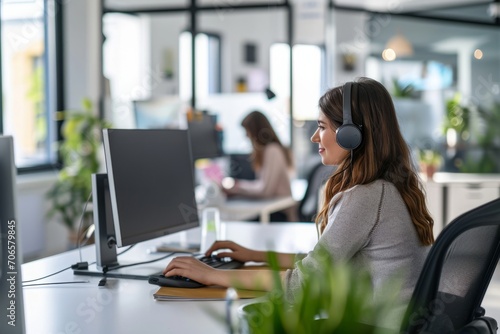 Professional Woman Working at Bright Office Desk. A focused professional woman working on a computer in a well-lit modern office setting.