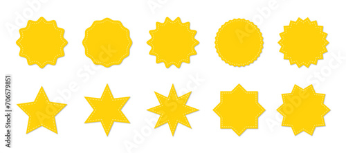 Stitched zig-zag circle collection in yellow color. Circle with sharp and rounded waves edge. Sale and big set of yellow zig-zag circle sticker, Sale and discount template sticker.