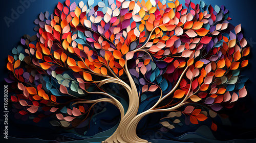 Fototapeta Naklejka Na Ścianę i Meble -  Elegant colorful tree with vibrant leaves hanging branches. 3d abstraction wallpaper