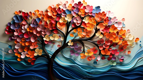 Fototapeta Naklejka Na Ścianę i Meble -  Elegant colorful tree with vibrant leaves hanging branches. 3d abstraction wallpaper