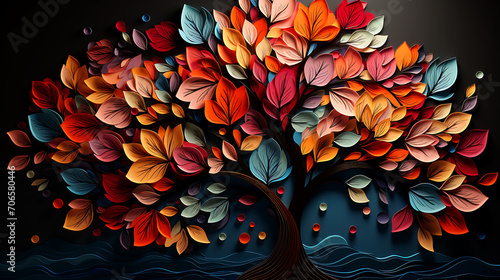 Fototapeta Naklejka Na Ścianę i Meble -  Elegant colorful tree with vibrant leaves hanging branches. 3d abstraction wallpaper