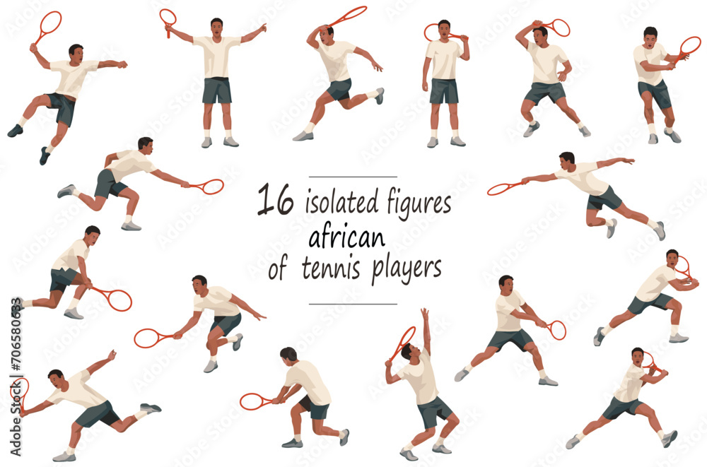 16 figures of Nigerian tennis players in white sports equipment hitting, throwing, catching the ball, standing, jumping and running 16 figures of Nigerian tennis players in white sports equipment hitting, throwing, catching the ball, standing, jumping and running