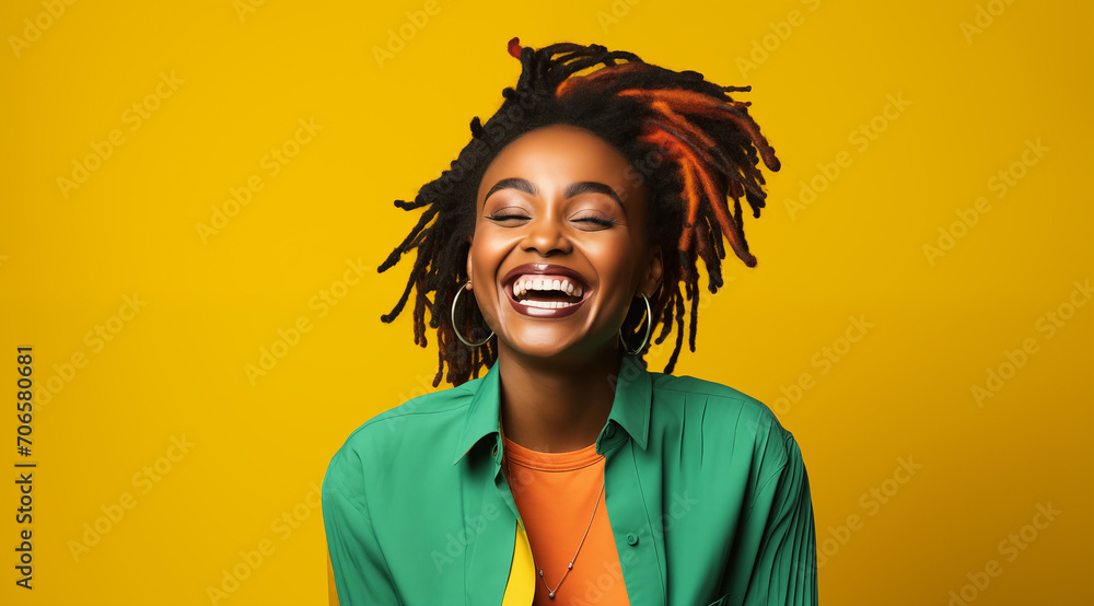 Jeune femme noire, heureuse, souriante, dreadlocks, arrière-plan orange, image avec espace pour texte Jeune femme noire, heureuse, souriante, dreadlocks, arrière-plan orange, image avec espace pour texte
