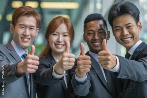 Businesspeople of various ethnicities giving a thumbs up, concept of business and cultural diversity.