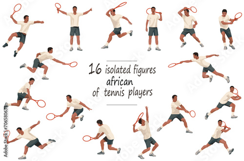 16 figures of Nigerian tennis players in white sports equipment hitting, throwing, catching the ball, standing, jumping and running photo