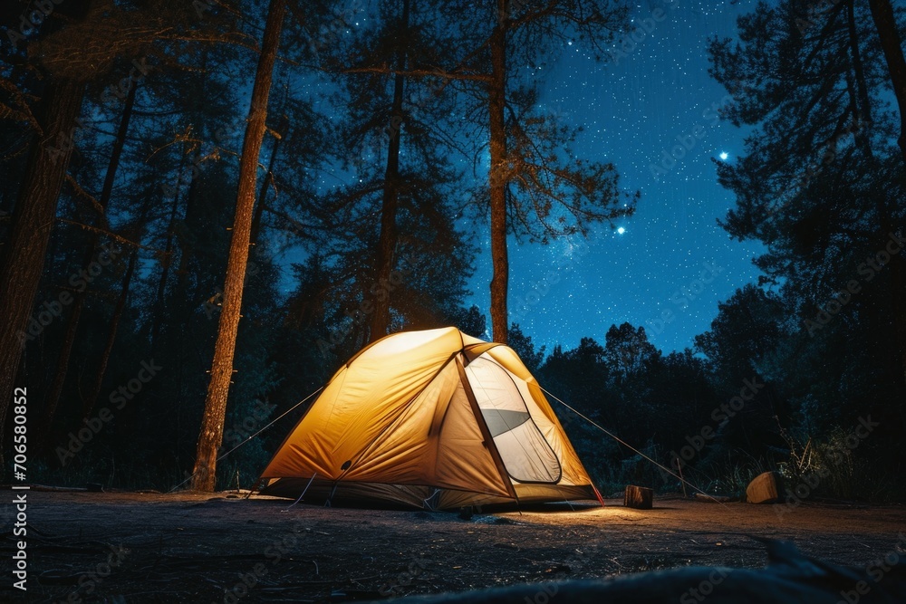 Camping tent near trees at night in a forest.