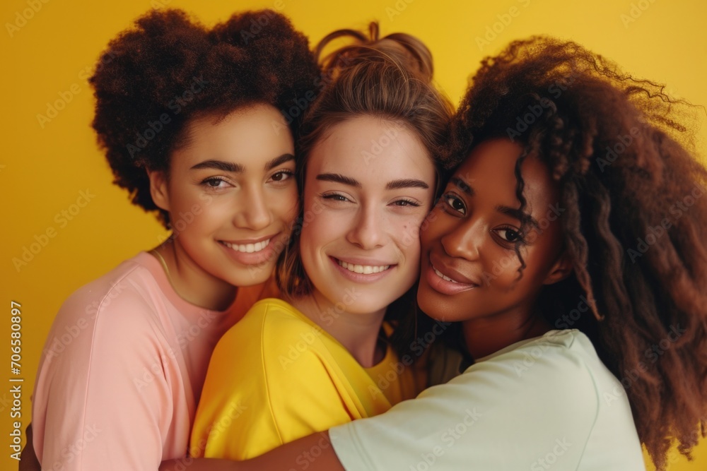 Obraz premium Smiling women of various ethnicities, cultural diversity concept, yellow background.