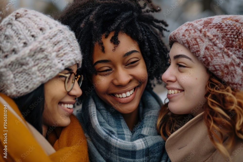 Fototapeta premium Young women of various ethnicities smiling and looking at each other, concept of cultural diversity.