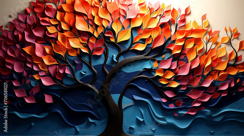 Elegant colorful tree with vibrant leaves hanging branches. 3d abstraction wallpaper photo