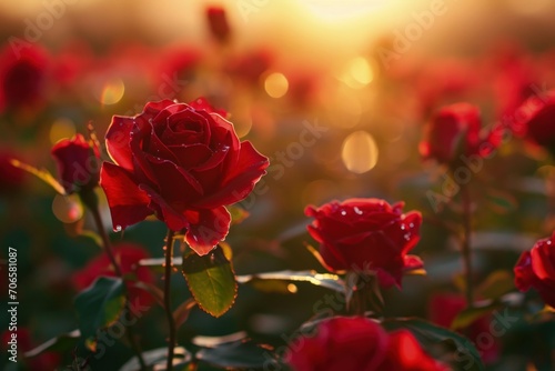 Field of red roses, sunset in the background, spring concept.