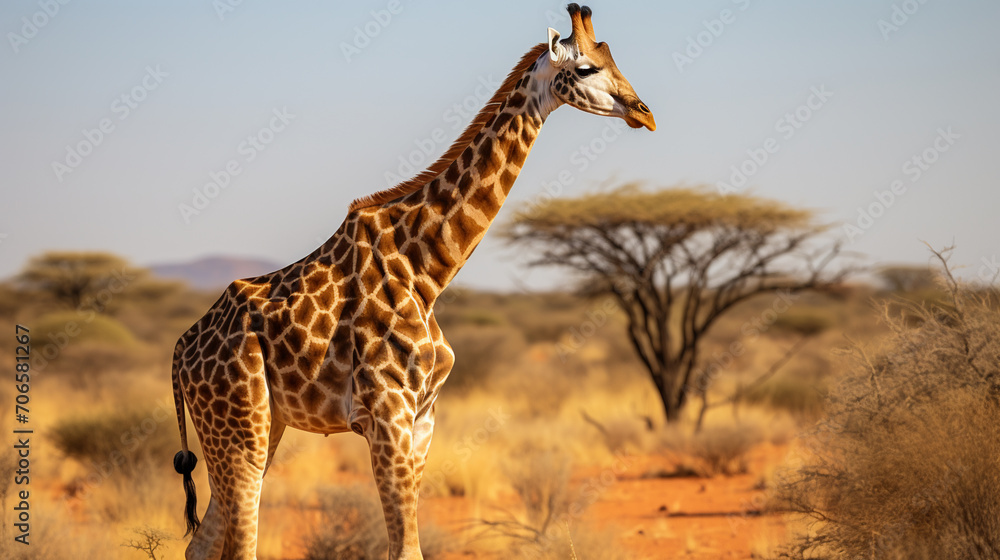 One giraffe walk through the savannah between the plants, AI Generative.