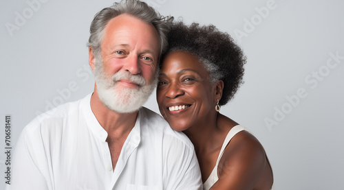 Un couple senior mixte, noir et blanc, heureux, riant et partageant un moment de bonheur intense, arrière-plan gris photo