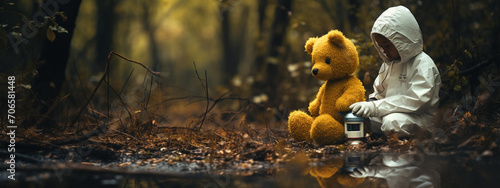 a child with a bear in a hazmat suit in the forest. the concept of the future, protection.