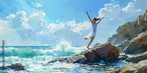 A fitness enthusiast, a young woman, finds serenity in her yoga practice, savoring the gentle caress of the wind and inhaling the crisp sea breeze as she balances on the rocky beach