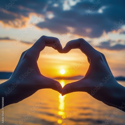 Hands forming a heart, sea and sunset in the background, Valentine's Day concept.