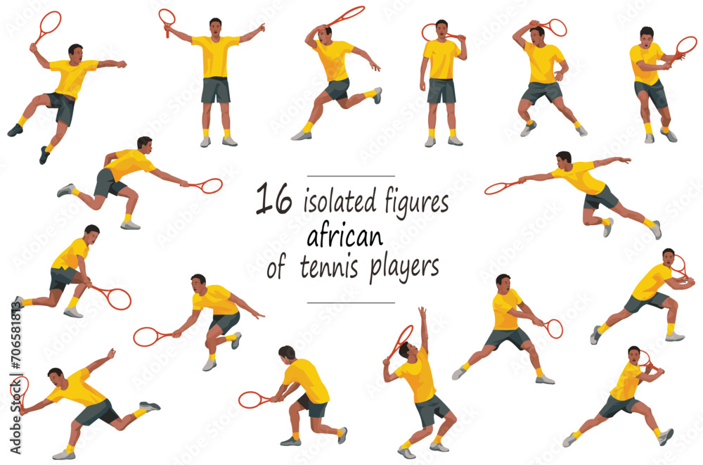 16 figures of dark-skinned tennis players in yellow T-shirts serving, receiving, hitting the ball, standing, jumping and running 16 figures of dark-skinned tennis players in yellow T-shirts serving, receiving, hitting the ball, standing, jumping and running