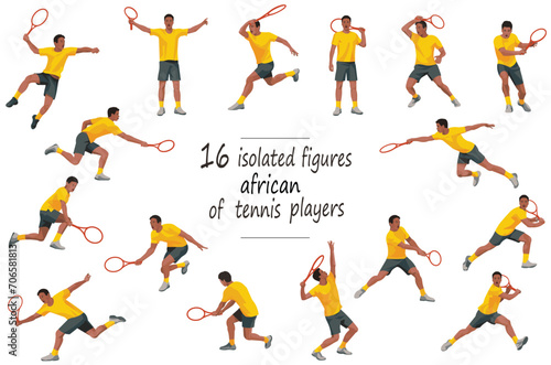 16 figures of dark-skinned tennis players in yellow T-shirts serving  receiving  hitting the ball  standing  jumping and running