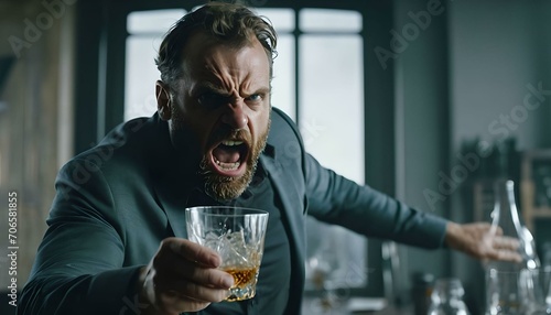 Angry man with glass of alcohol photo